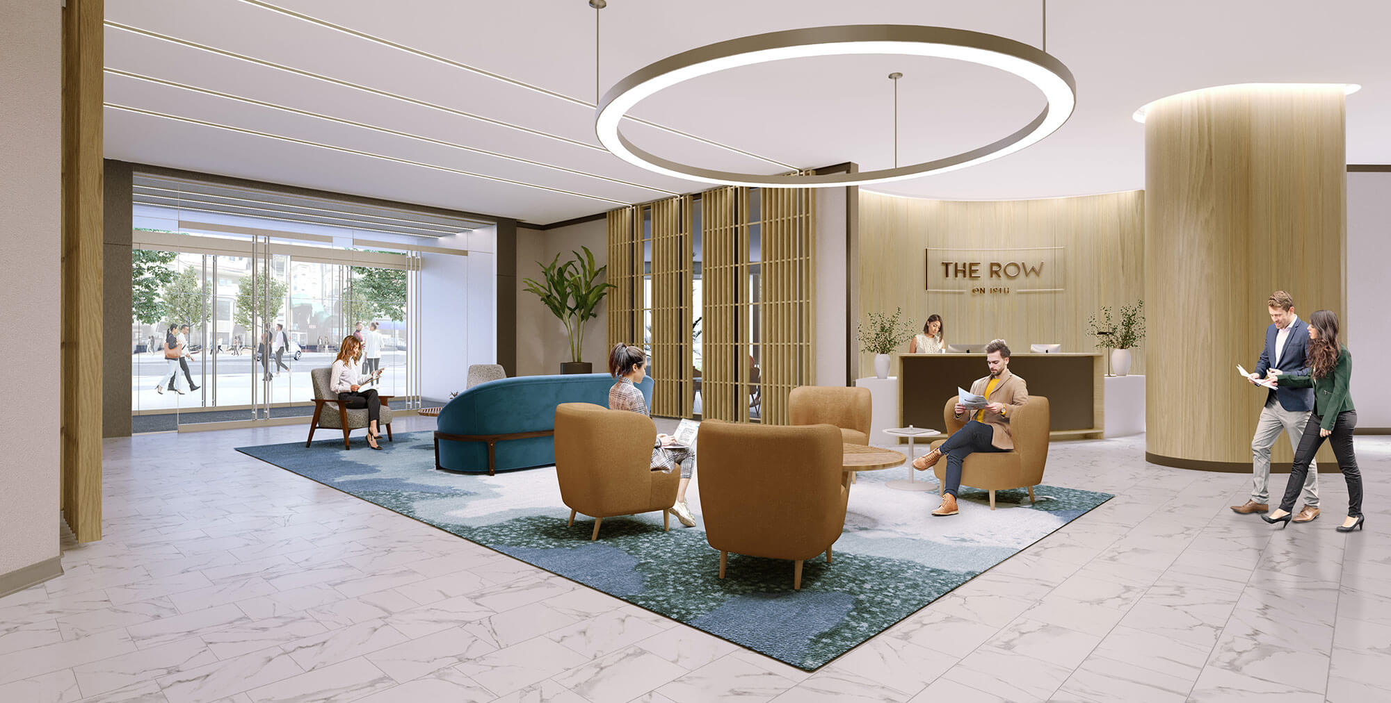 The Row upscale lobby space with white marble floors