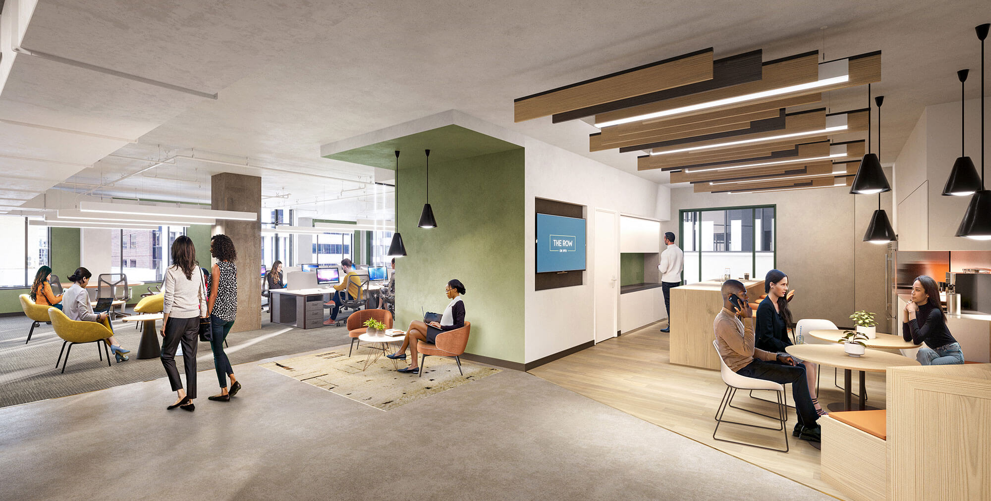 Communal kitchen and seating area with adjacent office space