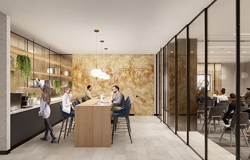A coffee bar area next to a large conference room