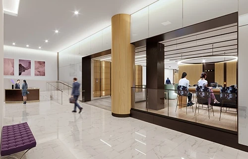 Hallway with tall wooden column and white marble floors