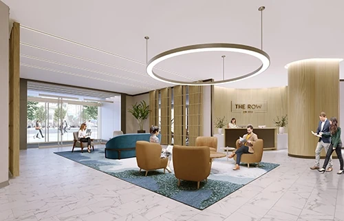 The Row upscale lobby space with white marble floors