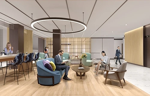 Communal seating area with decorative lighting and wood floors