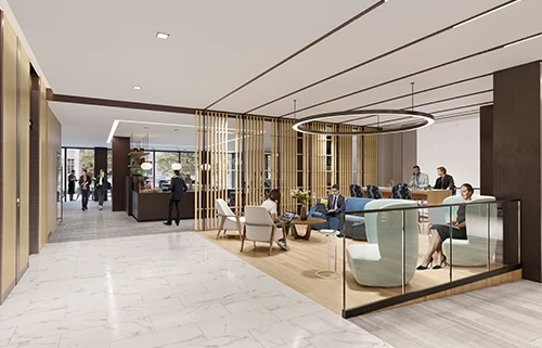 Communal seating area outside entrance to cafe