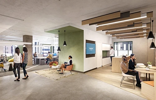 Communal kitchen and seating area with adjacent office space