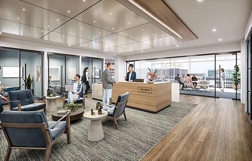 Carpeted reception area with desk and waiting area