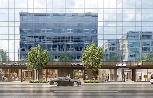 Multiple stores line the ground floor of The Row office space