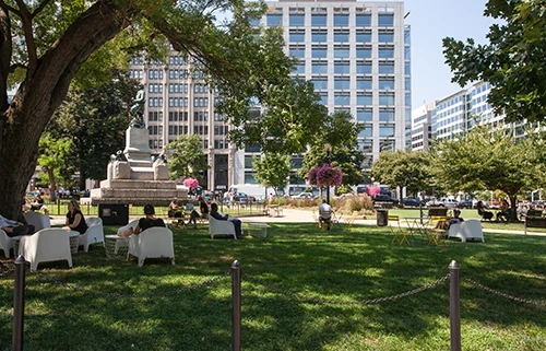 Outdoor green space with downtown views