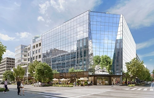 Side view of The Row on 19th glass building on street intersection